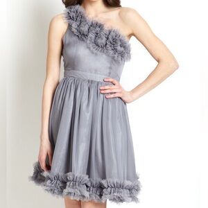 ANTHROPOLOGIE #89 Pleated Gray One-Shoulder Ruffled Mesh Party Dress SMALL